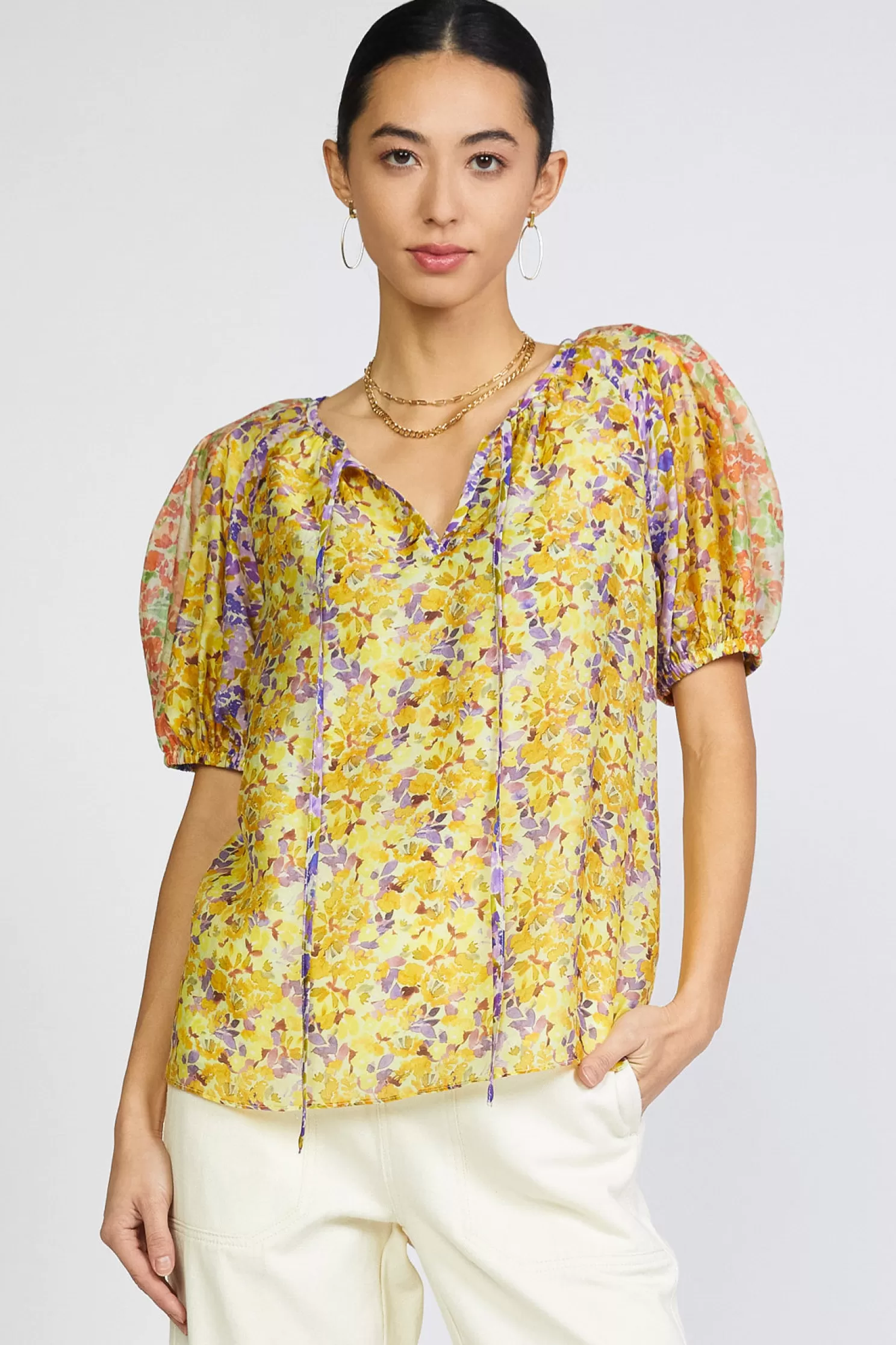 Shop Floral Colorblock Split Neck Blouse Blouses | Short Sleeve Tops