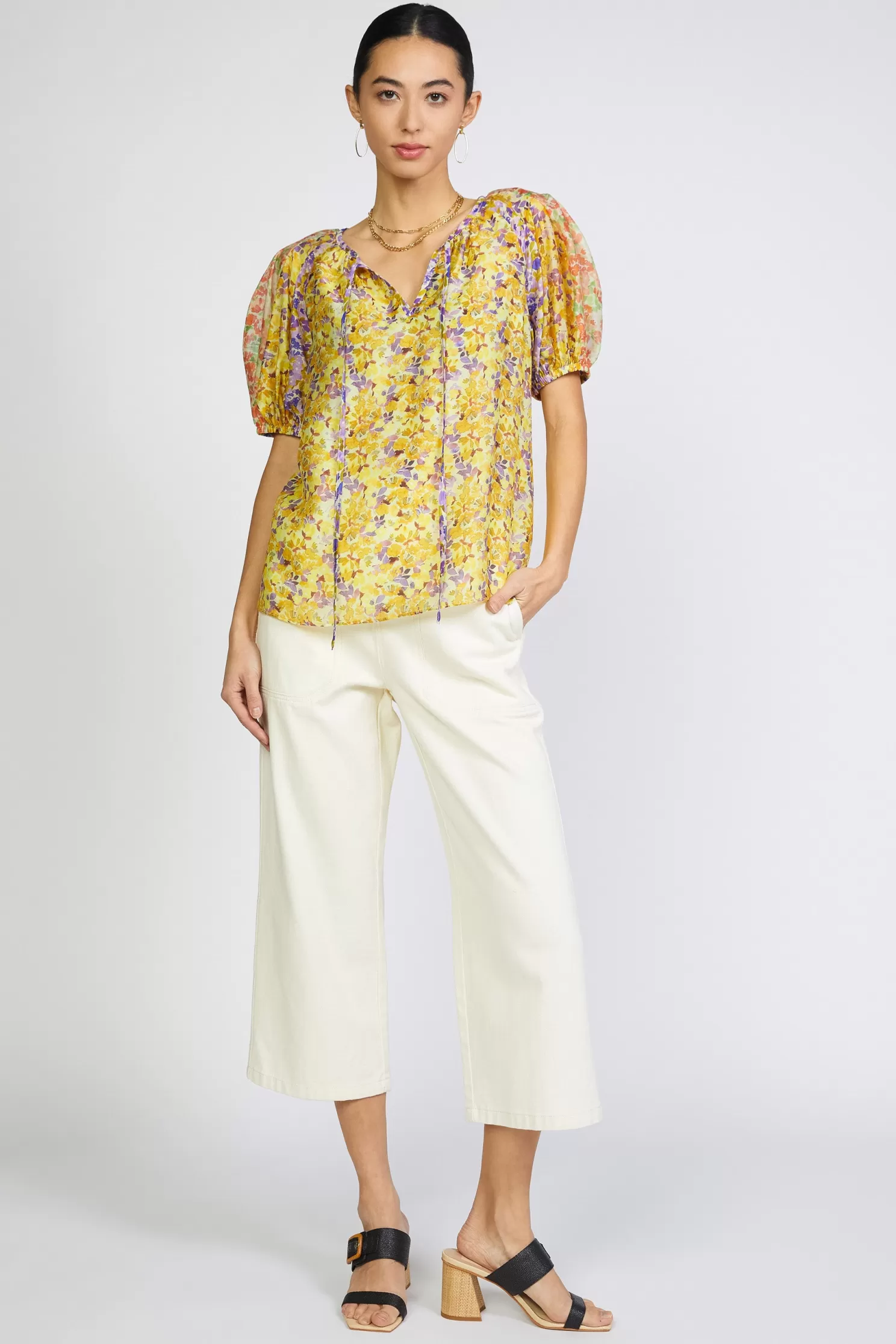 Shop Floral Colorblock Split Neck Blouse Blouses | Short Sleeve Tops