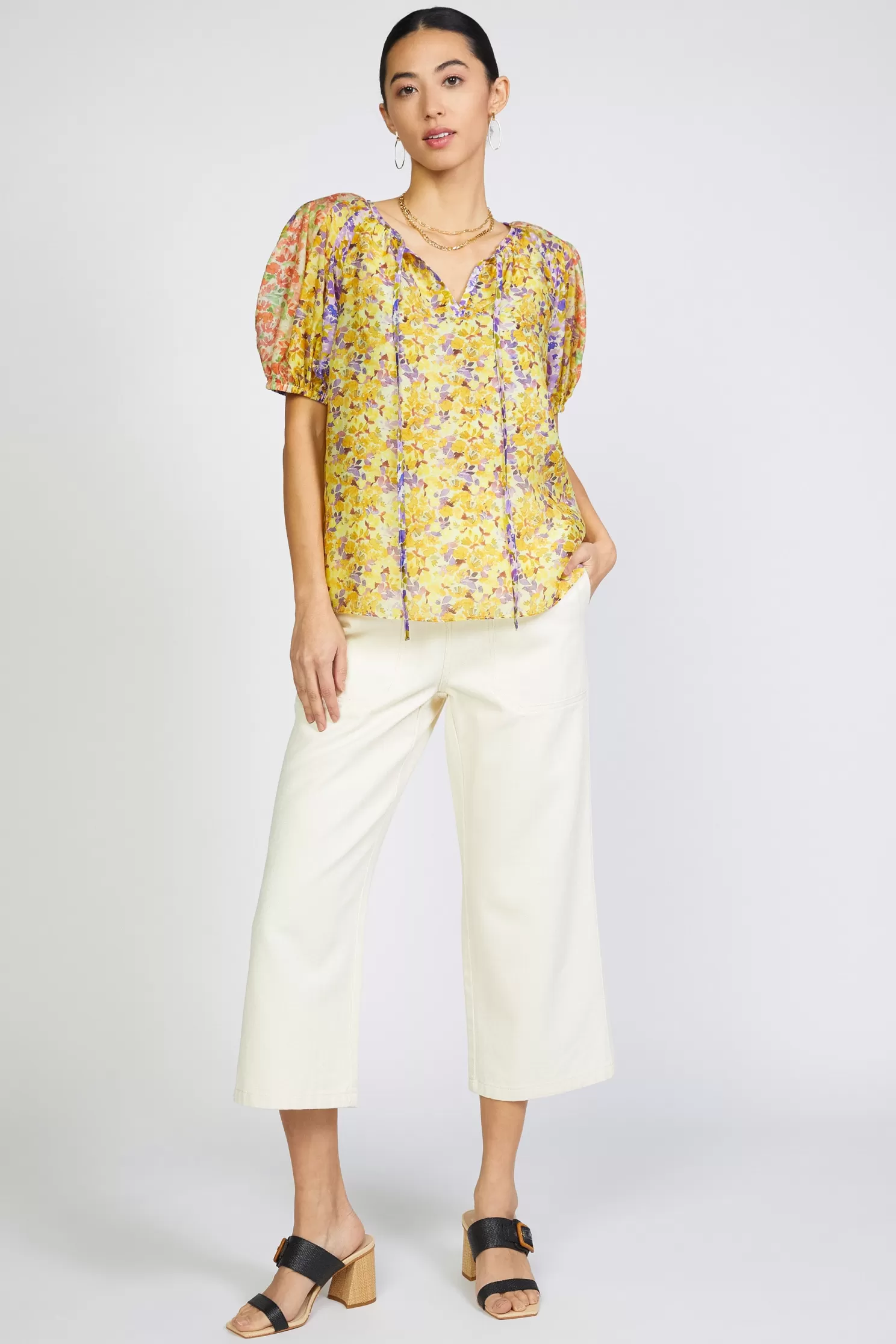 Shop Floral Colorblock Split Neck Blouse Blouses | Short Sleeve Tops